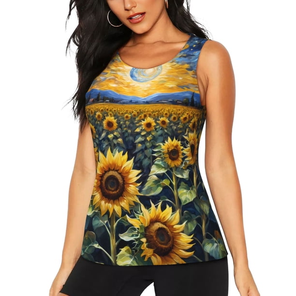 Fotbe Starry Sky Moon Sunflower Blusas Sin Mangas para Mujer – Estilo Casual, Corte Suelto, Slim-Fit, Cuello Redondo Deportivo, Tops de Verano para Gimnasio y Yoga-Medium