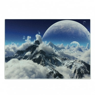 Fantasy Cutting Board, Celestial View of Snow Capped Mountains and Alien Planet Print, Decorative Tempered Glass Cutting and Serving Board, Small Size, White and Navy Blue, by Ambesonne