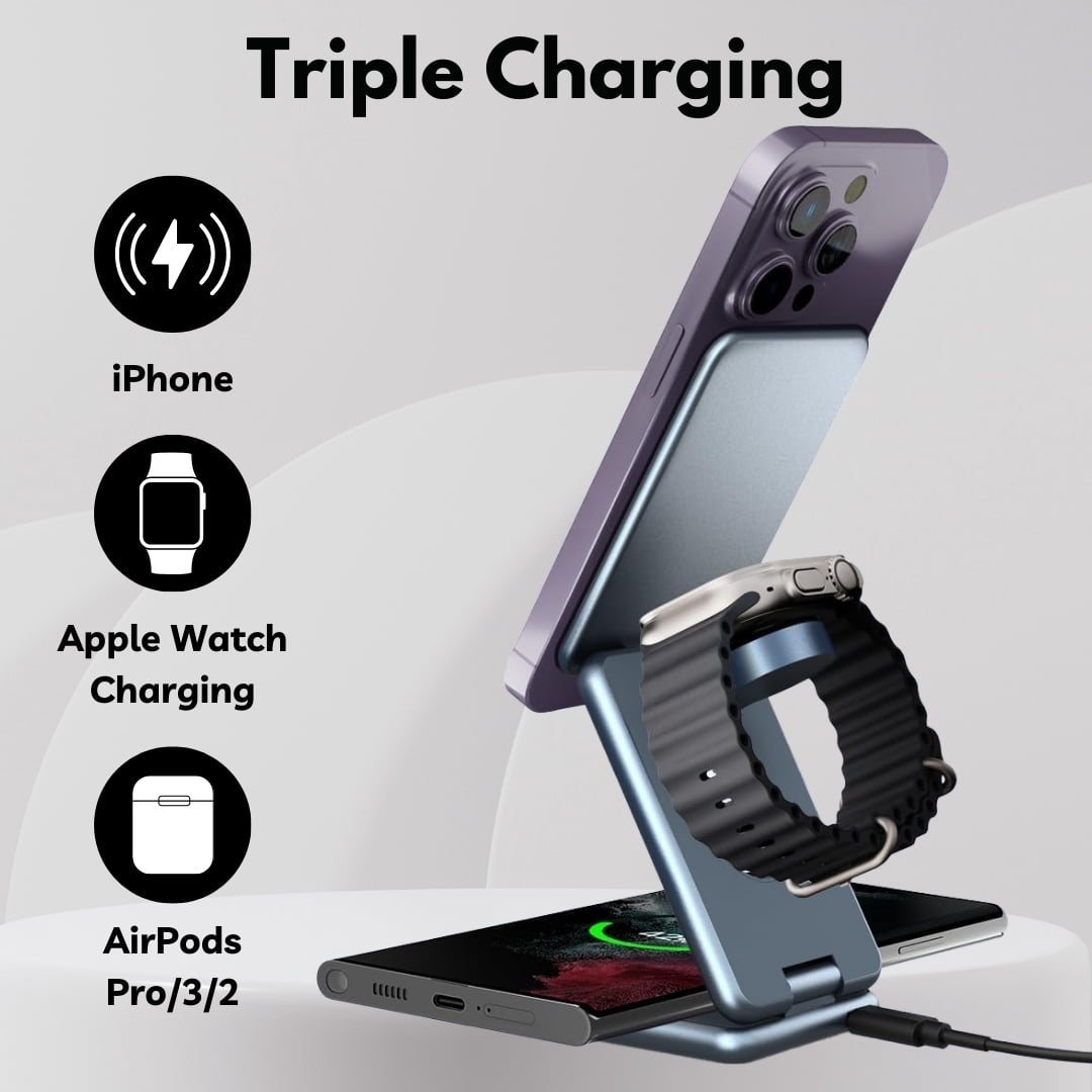 3 in 1 MagSafe Wireless Charger Compatible with iPhone, AirPod and Apple Watch Ultra - Fast Wireless Charger Compatible with MagSafe and NightStand Mode