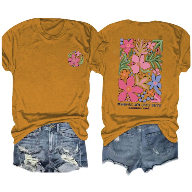 Fiudx Ofertas de La Semana Blusas con Estampado de Flores Pequeñas para Mujer Top de Manga Corta con Cuello Redondo