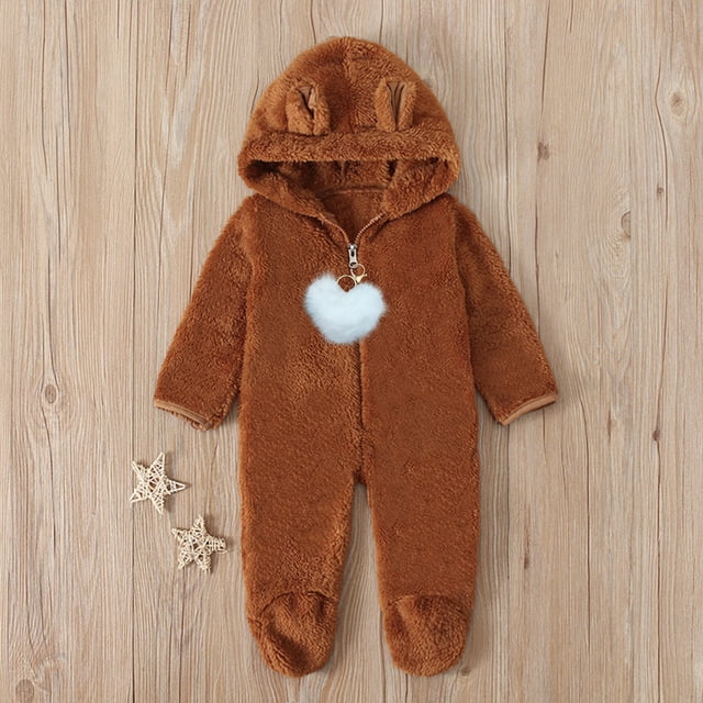 AherBiu Baby Girl Clothes Cotton Rompers Long Sleeve Fleece Fuzzy Zip up Hooded Jumpsuits Solid Color Infants Newborn Bodysuits