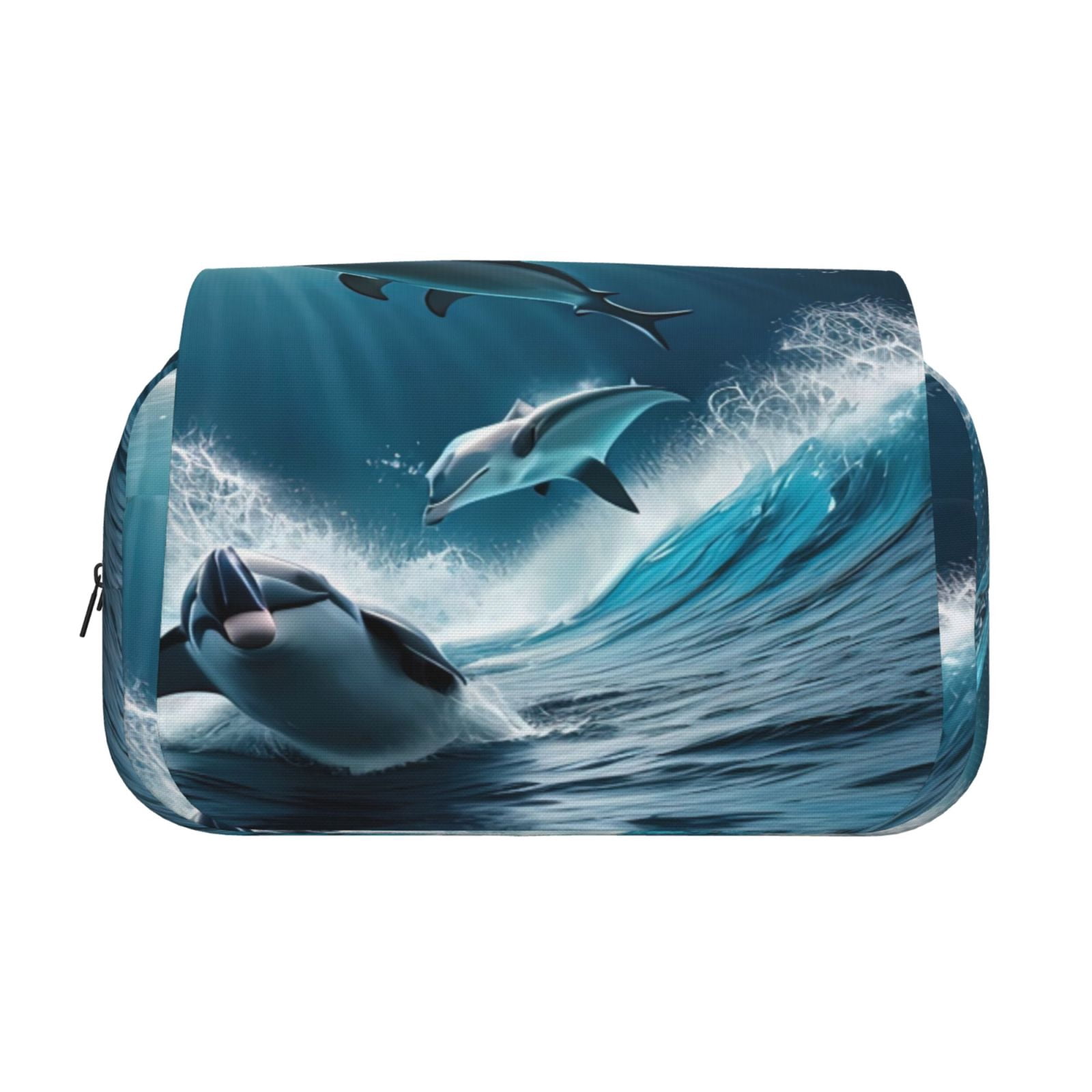Rateoe Ice Blue Ocean Cute Dolphin A Pattern Double Clamshell Pen Case, Storage Organizer with Two Zipper Compartments– Holds Up to 50 Pencils & Pens