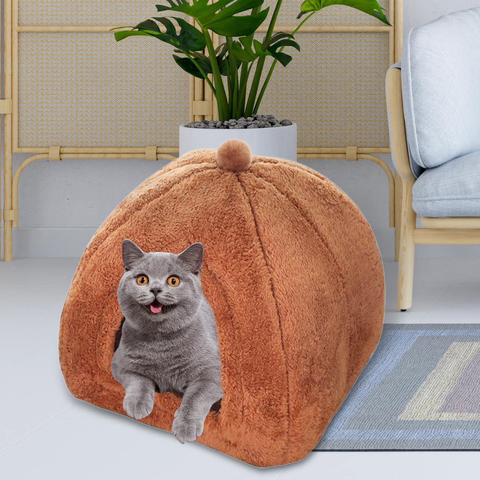 Cat Bed Comfortable Rest Calming Semi Enclosed with Nonslip Waterproof Bottom Kitten House Pet Bed for Indoor Cats Dogs Rabbits Kitten Puppy , Brown L