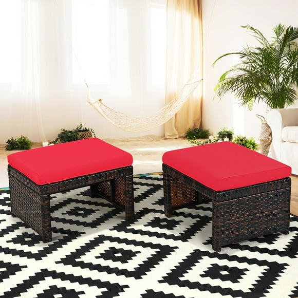Costway 2PCS Patio Rattan Ottoman Cushioned Seat Foot Rest Furniture Red