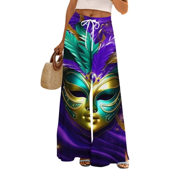 LWavelet Comfort Fabric Feather Print Wide Leg Pants Women Mardi Gras Festive Wear Dark Purple M