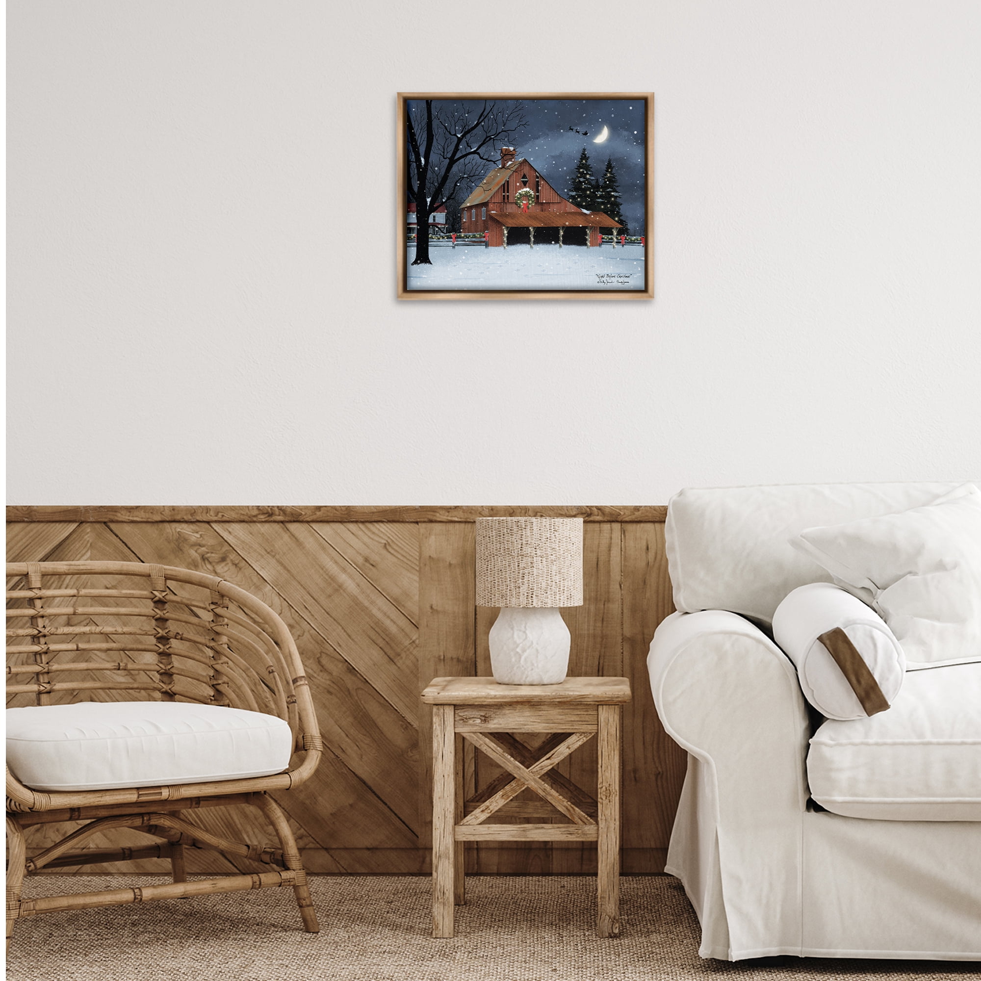 Stupell Industries Night Before Christmas Barn Landscape & Nature Painting Brown Floater Framed Canvas Art Print Wall Art, 21 x 17
