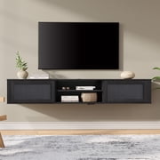 Floating TV Stand with Power Outlet and Rattan Doors，Black