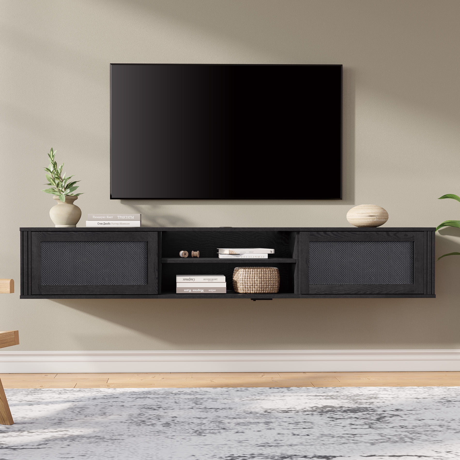 Floating TV Stand with Power Outlet and Rattan Doors，Black