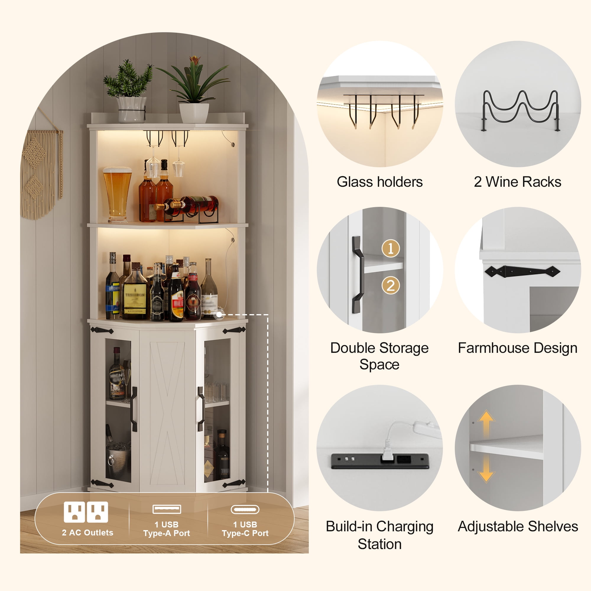 GARITIN 67.3 Inch Corner Bar Cabinet with Power Outlet, Farmhouse Wine Bar Cabinet with Adjustable Shelves, Lights & Glass Rack for Dining Room Living Room, White