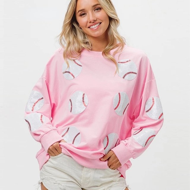 -Sudadera rosa con estampado de béisbol para mujer, Jersey informal de gran tamaño, manga larga, cuello redondo, ropa de calle Vintage Y2k, Primavera