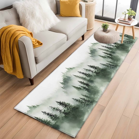 Foggy Forest Kitchen Runner Rug 2x6 Washable Runners for Hallway Non Slip Green Mist Mountain Natural Landscape Large Area Rug Indoor Floor Carpet for Bathroom Laundry Entryway Bedroom Living Room