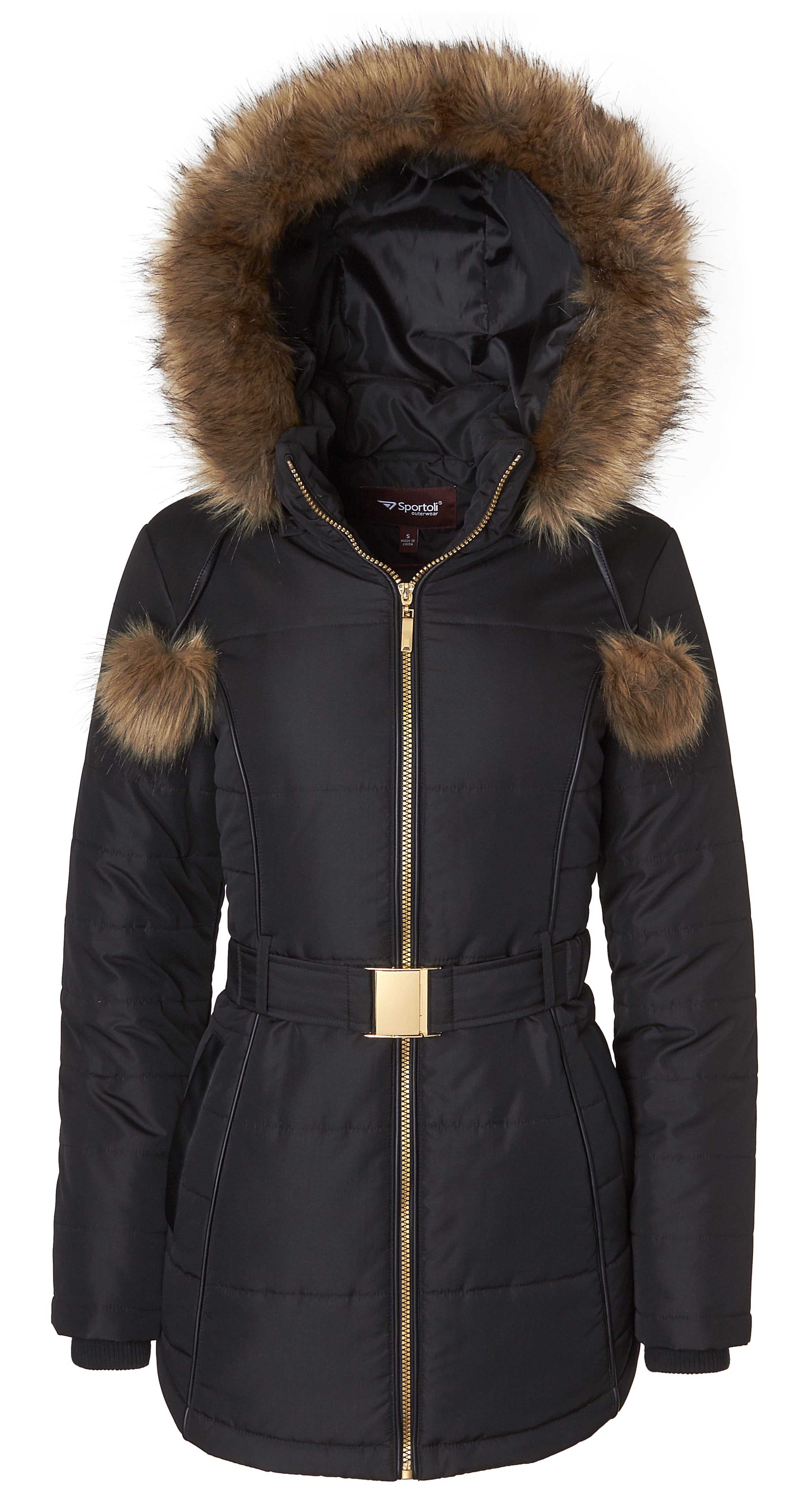 Womens Down Alternative Long Belted Puffer Coat with Fur Trim Detachable Hood