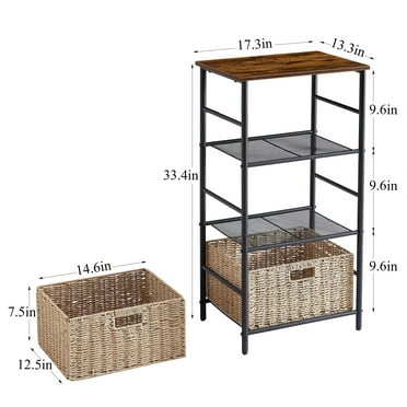 Industrial 4-Tier End Table with Mesh Shelves and 2 Wicker Storage Basket, Brown