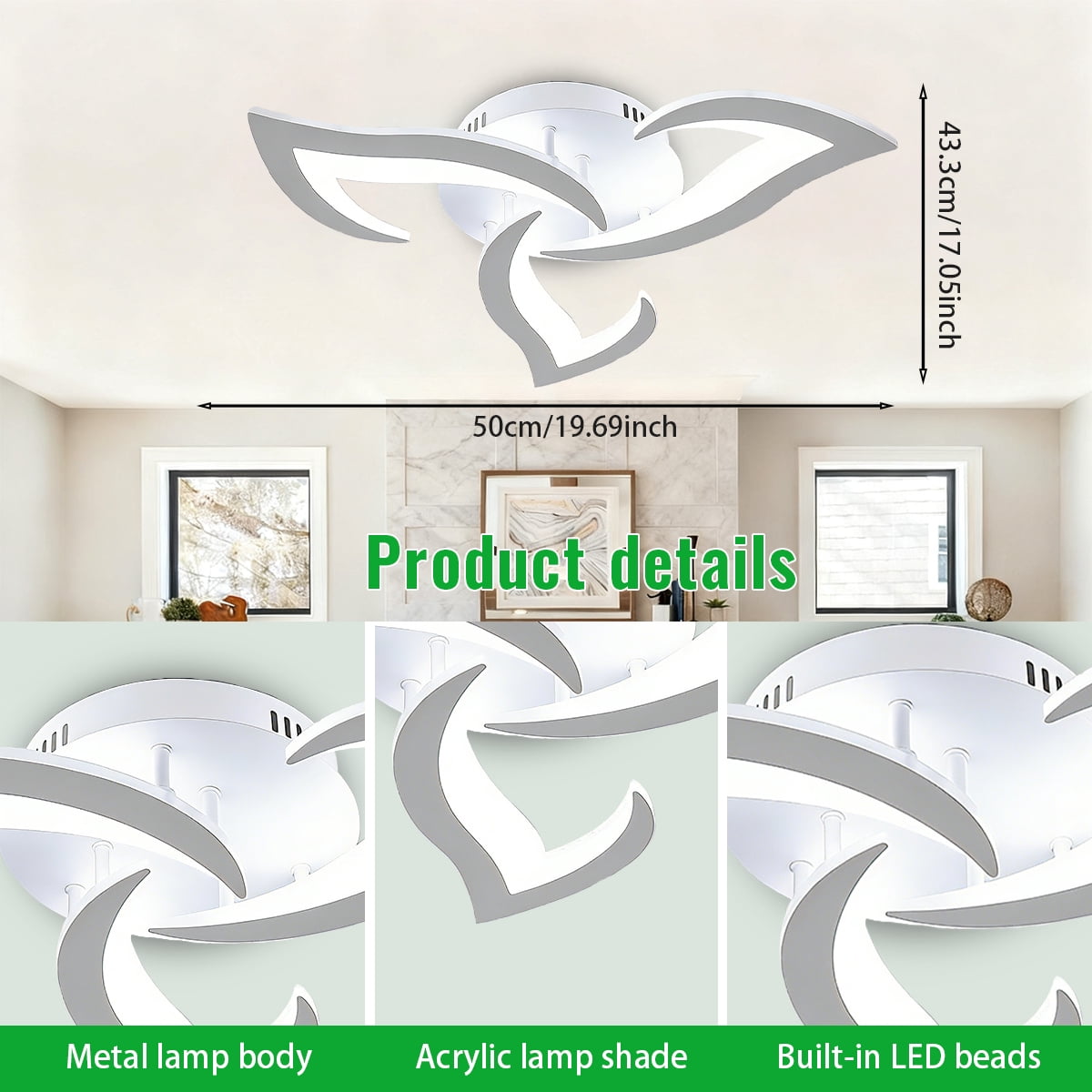 Modern Semi Flush Mount Ceiling Light, 20 inch Dimmable LED Chandelier Low Profile Ceiling with Remote Control, Ceiling Lamp Fixture for Living Room Dining Room Bedroom, White
