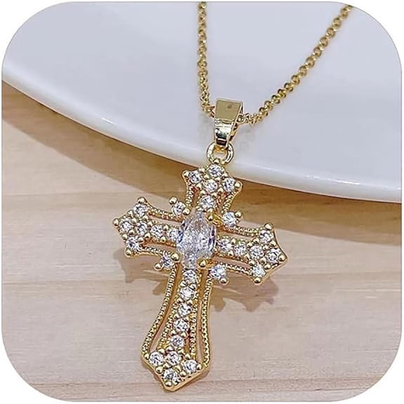 Zircon Gold Cross Necklace for Women 18K Gold Plated Religious Jewelry Valentine's Day Gift