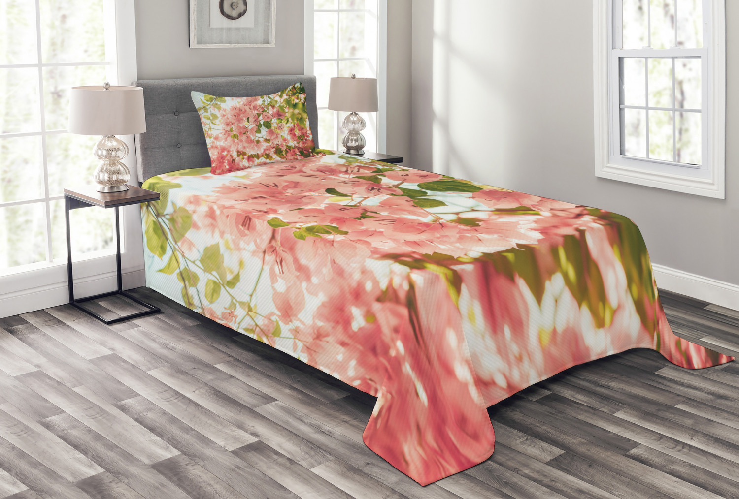 Spring Bedspread Set, Bougainvillea Flowers Branches in Sunny Summer
