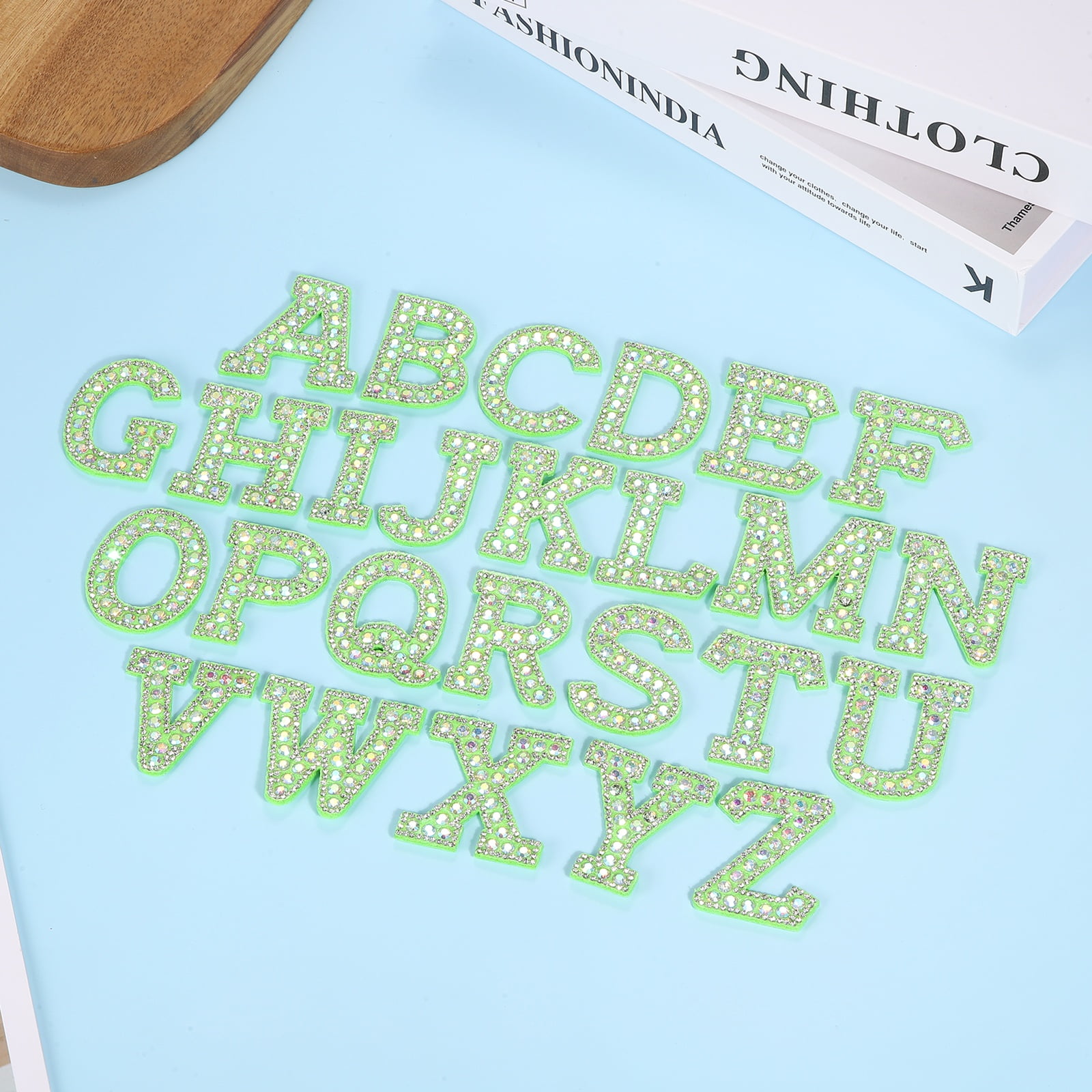 Uxcell 26pcs Letter Iron on Patch Decorative A-Z, Green Glitter Pearl Alphabet Applique Rhinestone English Letter for DIY Clothing Repair Hat Bag