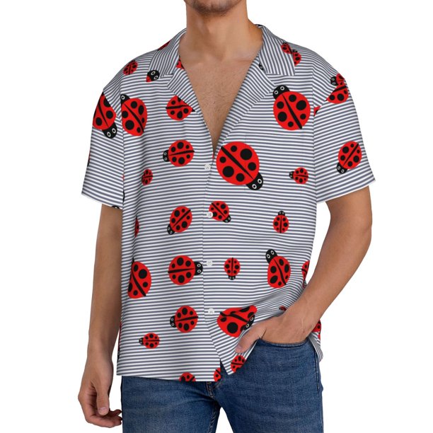 Fotbe Ladybug Camisa Estampada de Manga Corta para Hombre, Casual de Verano, Estilo Playero, Sin Arrugas-Small