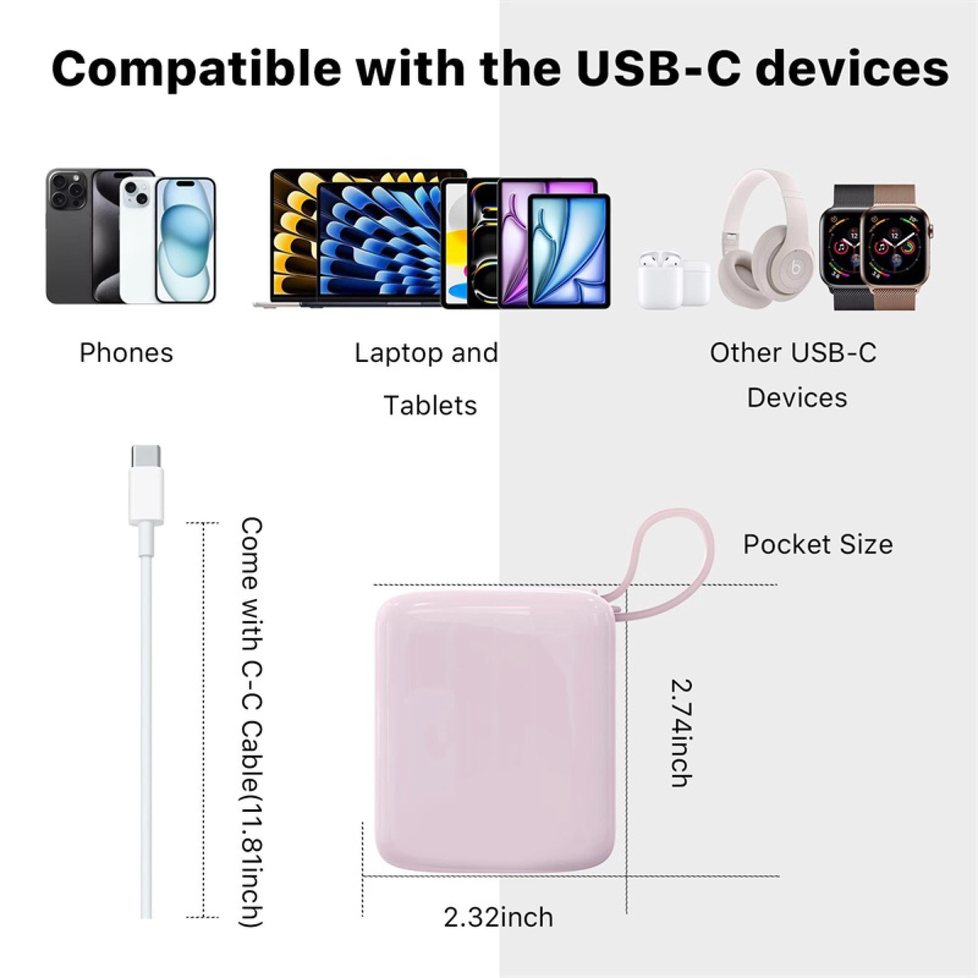 2-Pack 10,000 mAh Portable Power Banks with Built-In USB‑C Cable – Dual Device Charging, Compact Design Combo