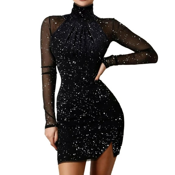 New Years Eve Dresses For Women Glitter Split Hems Contrast Mesh Turtleneck Wedding Dress