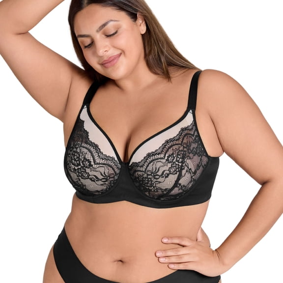 YANDW Lace Full Coverage Bra for Women Underwire Support Plus Sizes Bras with Padding Lift, Black 42C