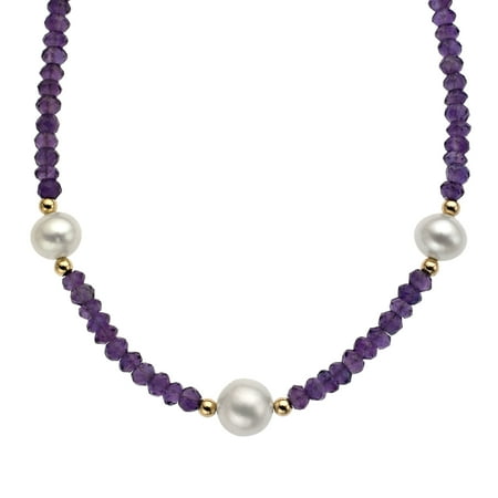 4-4.5 mm Amethyst and Freshwater Pearl Strand Necklace in 14kt Gold