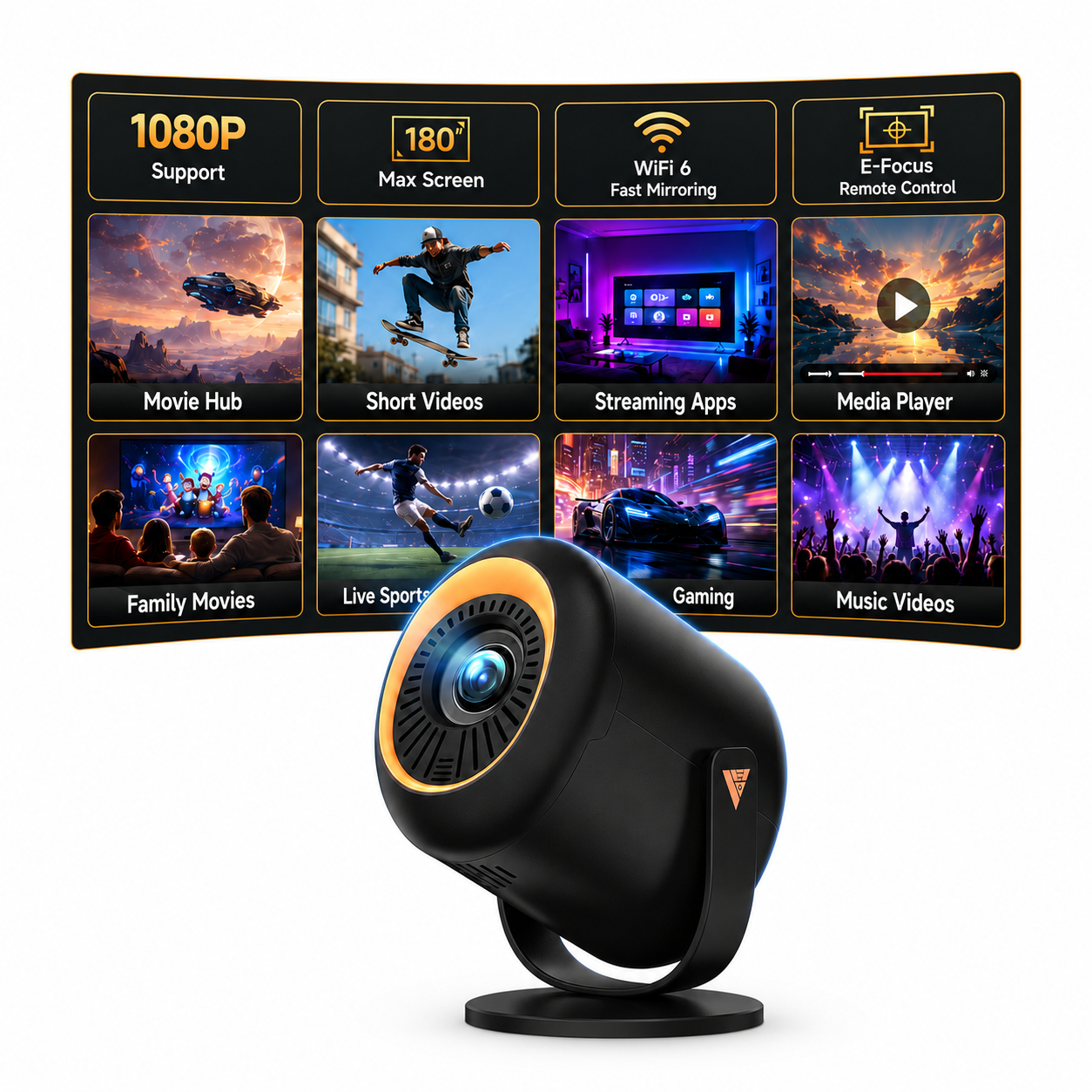 Mini Projector with WiFi and Bluetooth, Native 1080P Portable Movie Projector, Auto Keystone, 180 Degree Rotating Stand, HDMI USB Type-C for TV Stick, Black Orange, Vamvo