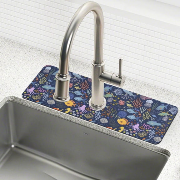 Yayeee Faucet Mat for Kitchen Sink 14.7" Diatomite Long Splash Guard Pad, Cartoon Ocean Pattern