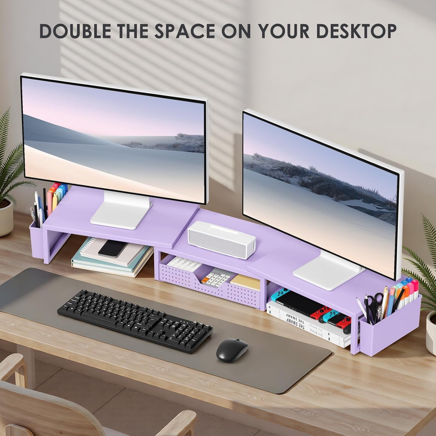 Desk Organizers and Accessories, Dual Computer Monitor Stand Riser with Drawer and 2 Pen Holders, Office Desk Accessories, Workspace Desktop Organization for Office Supplies (Purple Metal )