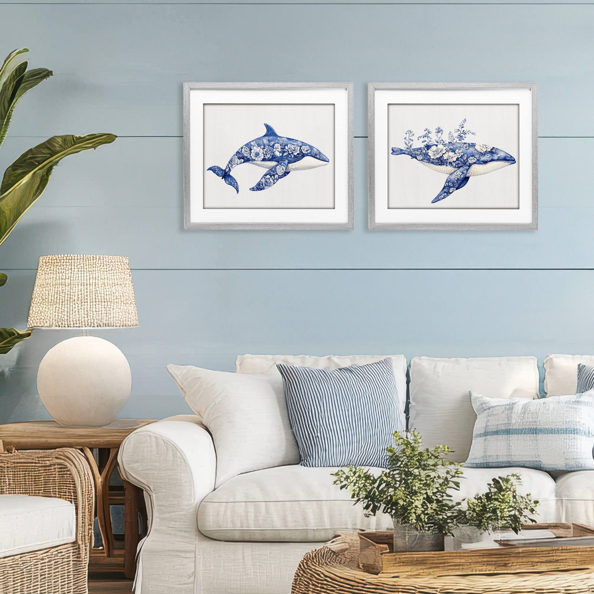 Blooming Toile Pattern Whales 2 Piece Gray Framed Print Under Glass Set, design by Lettered and Lined