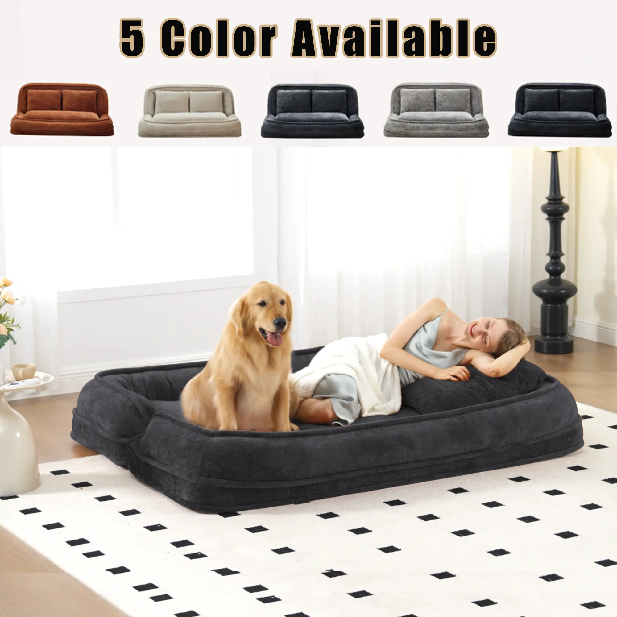 Aukfa Double Human Dog Bed Lazy Sofa Loveseat with Adjustable Backrest, Extra Large 2-Seat Floor Couch with Plump PillowDark Gray