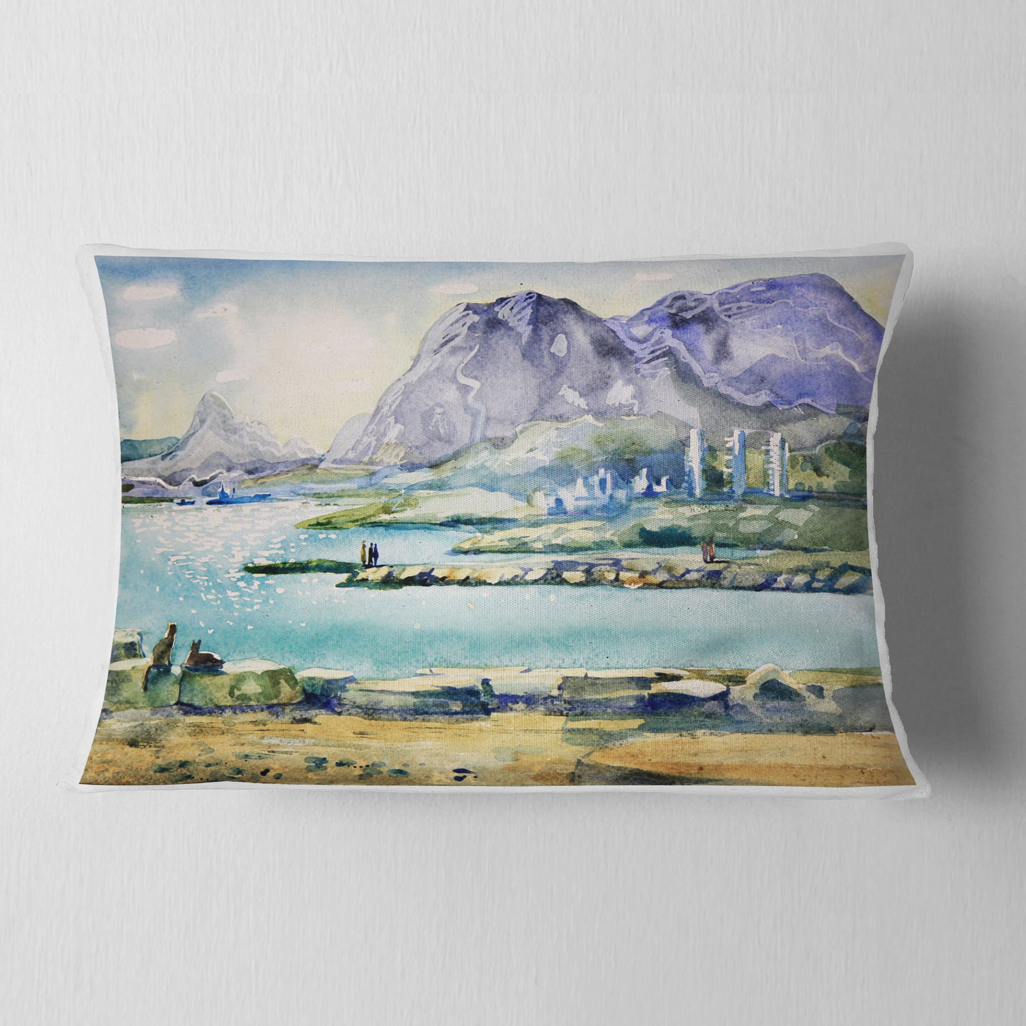 Designart Watercolor Blue Hills - Landscape Printed Throw Pillow - 12x20
