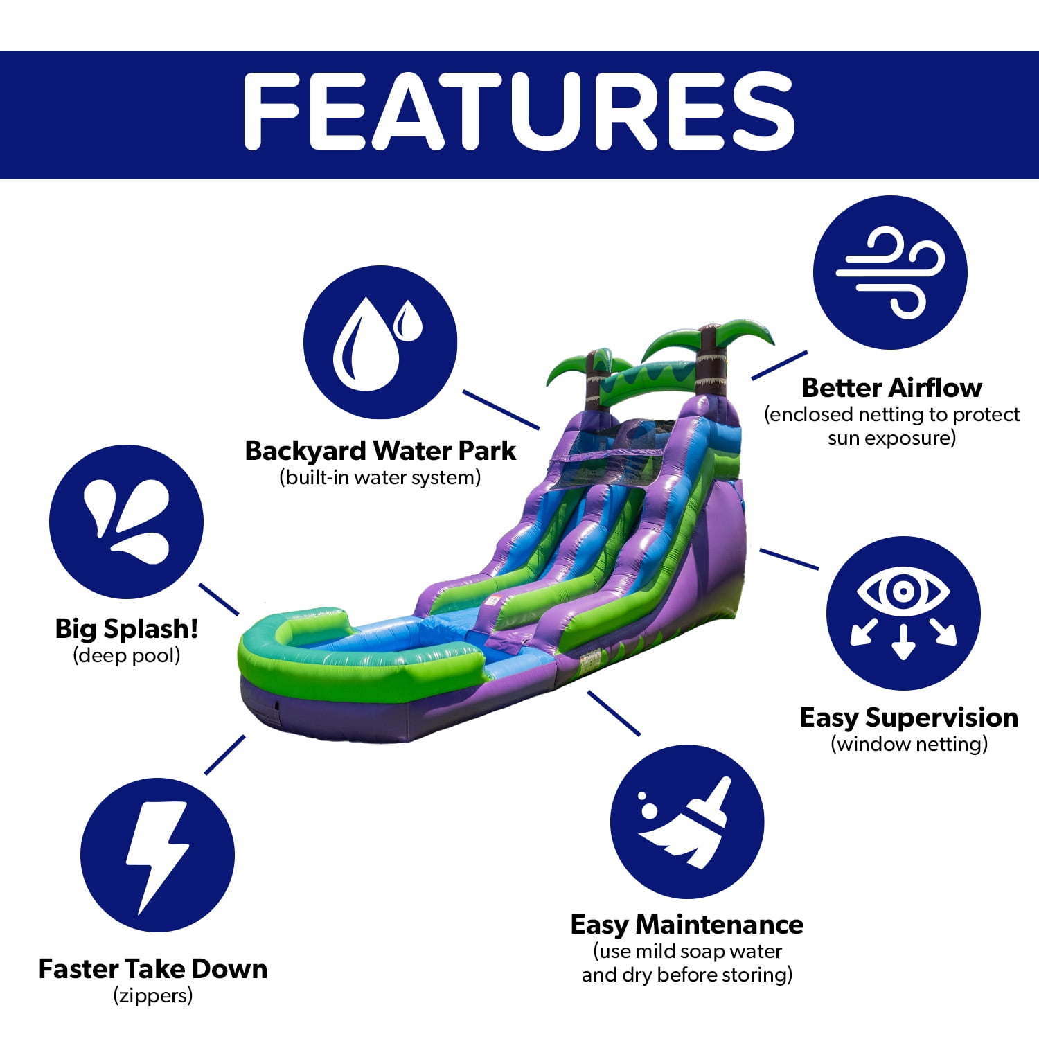 HeroKiddo 16 FT Inflatable Waterslide, Purple Tropical Commercial Grade with Splash Pool for Kids & Adults, Wet/Dry Use