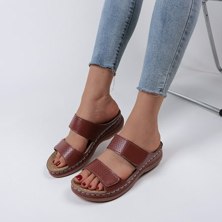 

〖Yilirongyumm〗 Brown 41 Sandals Women Ladies Fashion Solid Color Leather Hollow Breathable Fish Mouth Wedge Sandals