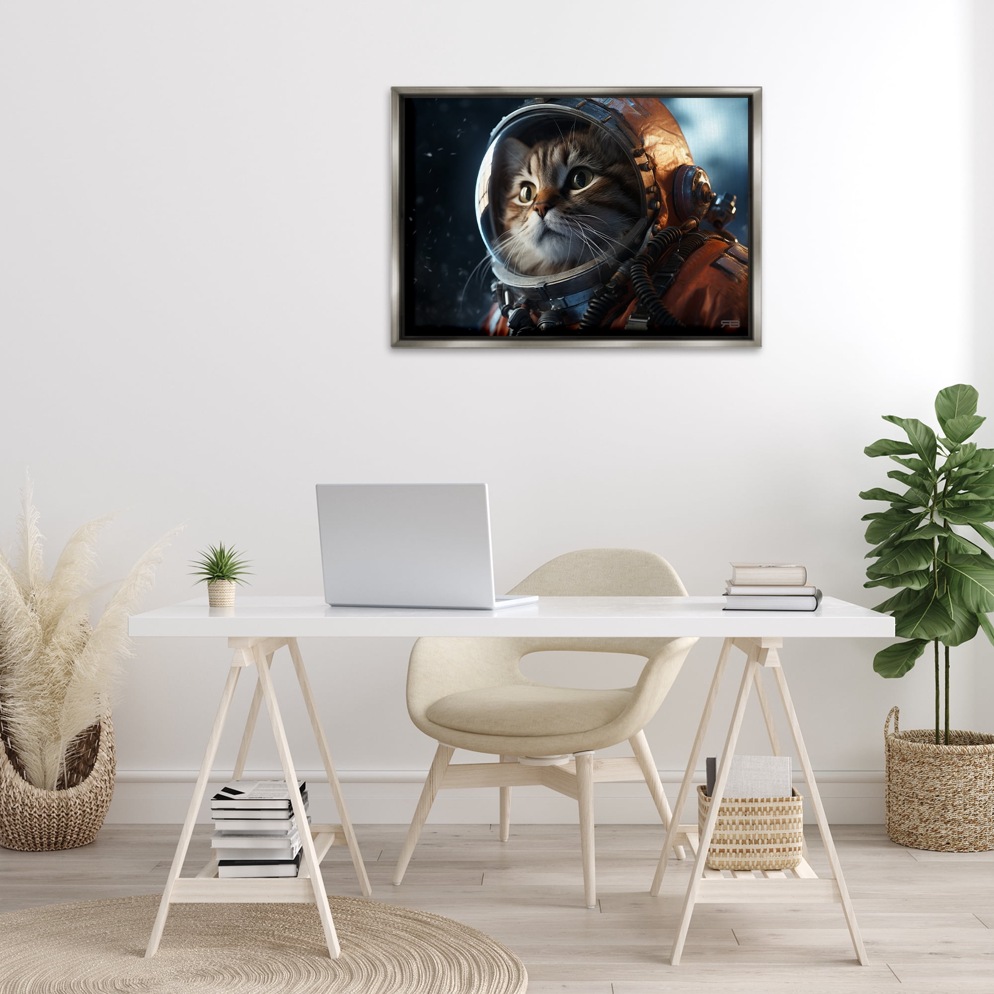 Stupell Industries Astronaut Cat in Space Animals & Insects Painting Gray Floater Framed Canvas Art Print Wall Art, 31 x 21