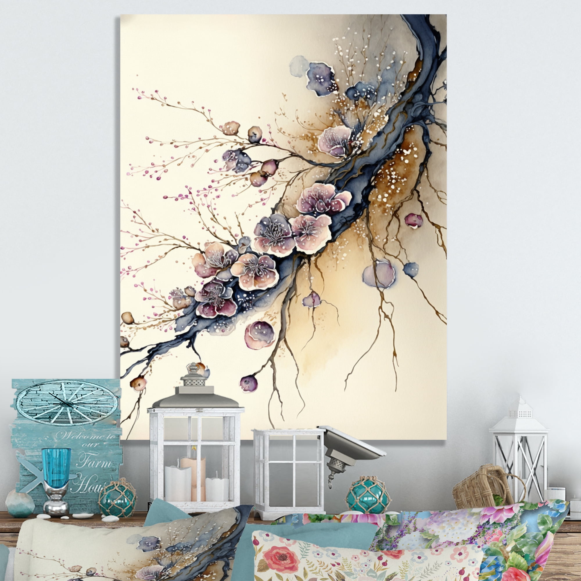 Designart Pink And Plum Cherry Blossom Branch II Canvas Wall Art