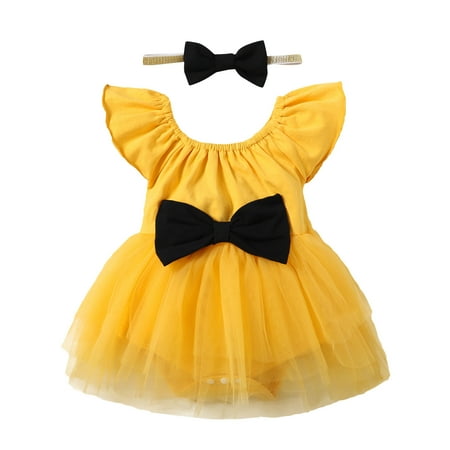 

KIMI BEAR Newborn Baby Girls Outfits 3 Months Spring Summer Outfits 6 Months Solid Color Ruffles Tulle Ruffles Sleeve Romper Dress Bodysuit + Headband 2PCS Set Yellow