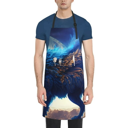 

Tebeau Moonlit Blue Wolf Print Waterproof Cooking Aprons Adjustable Bib Soft Chef Apron with 2 Pockets for Men Women