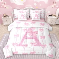 Manfei Letter A Monogrammed 7-Piece Twin Bedding Sets,Cute Bow Knot Bedding Comforter Set,Pink Glitter Print Sheet Sets For Girl,Microfiber Room Decorative Reversible