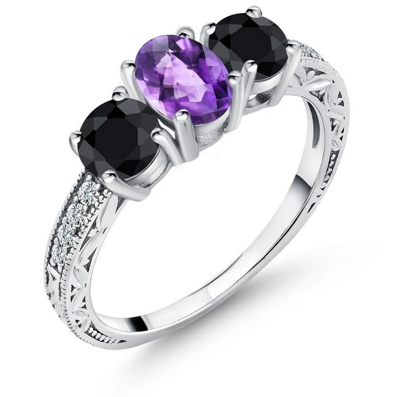 Gem Stone King 2.25 Ct Oval Checkerboard Purple Amethyst Black Sapphire 925 Sterling Silver Ring (Size 8)
