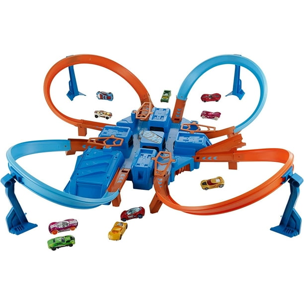 Hot Wheels Criss Cross Crash Motorized Track Set, 4 High Speed Crash