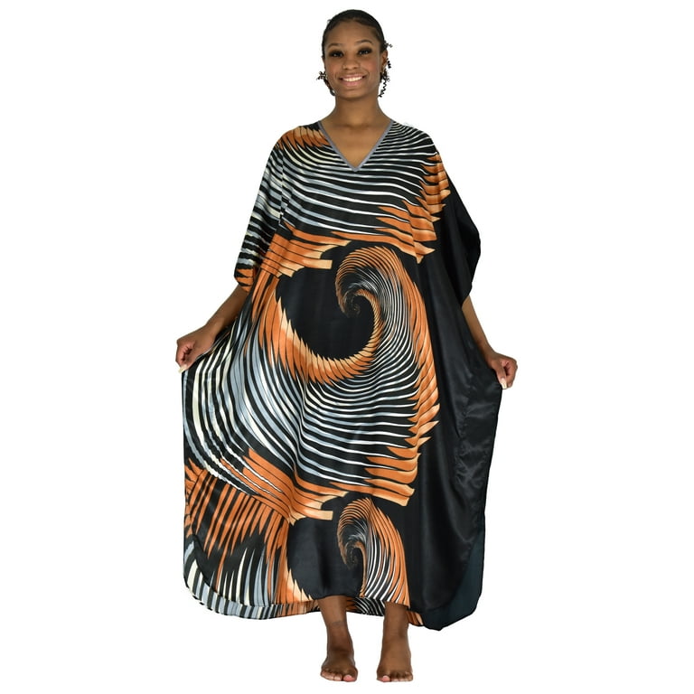 Up2date Fashion's Women's Silk Satin Long Caftan, Midnight