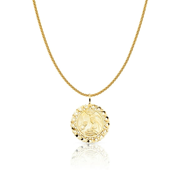 14K Yellow Solid Gold Baptism Charm Pendant with 1.1mm Wheat Chain Necklace