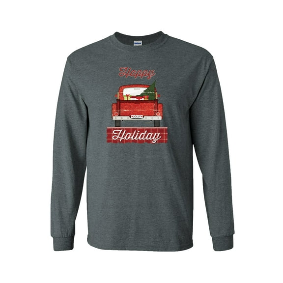 Happy Holidays Holly Jolly Truck Christmas Long Sleeve T-shirt-Heather Grey-5xl