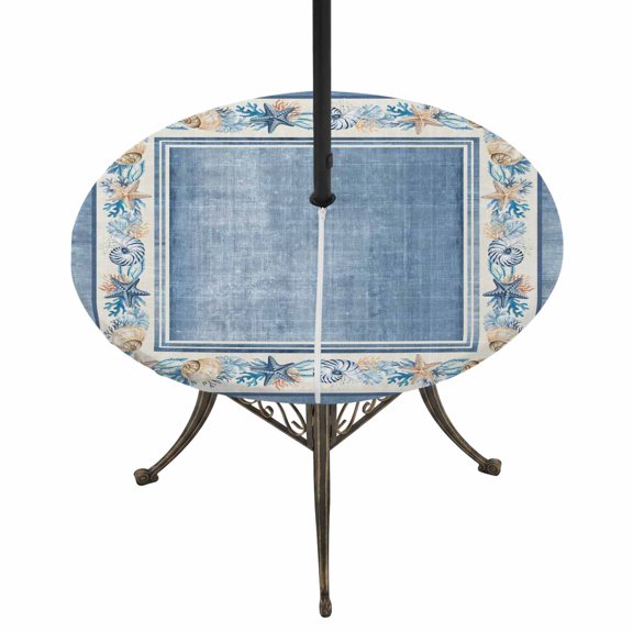 Round Outdoor Tablecloth with Umbrella Hole and Zipper, Blue Coastal Tablecloth with Elastic Waterproof, Vintage Summer Beach Coral Shell Starfish Patio Table Covers for 45" - 54" Picnic Pool Tables