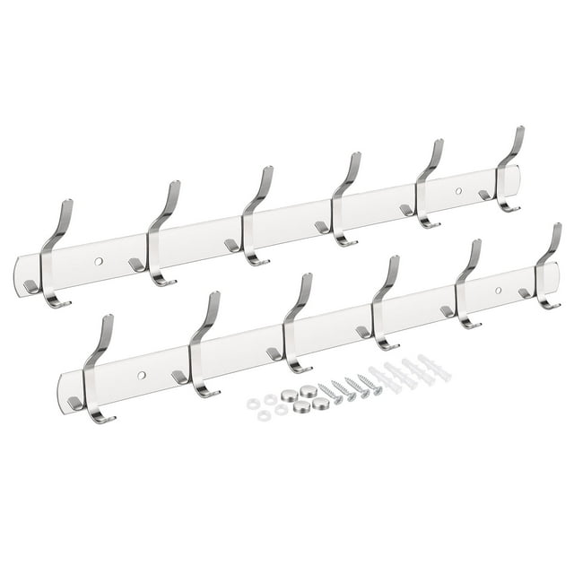 Unique Bargains 2Pack Silver Wall Mounted with 6 Hooks Coat Hook Rack Wall Hanger