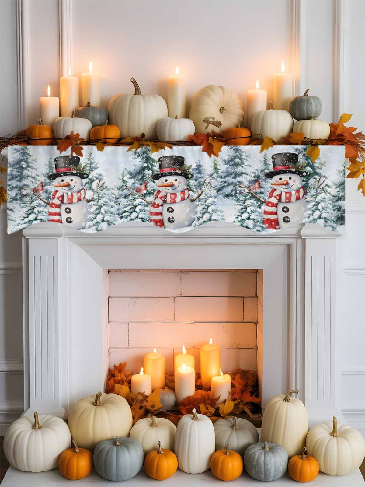 Christmas Red Snowman Fireplace Mantle Scarf Winter Snow Scene Pine Tree Forest Bird Mantel Cover Runner Fireplace Cloth for Holiday Party Home Living Room Decor 60 x 17 Inch