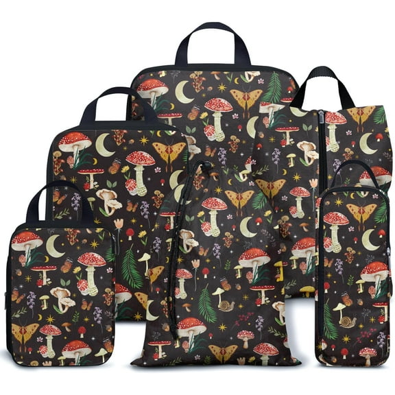 6 Set Compression Packing Cubes for Travel,Packing Cubes for Suitcase Luggage Organizer Bags,Travel Essentials for Carry on Backpack,Ultralight and Waterproof (Mushrooms Black)