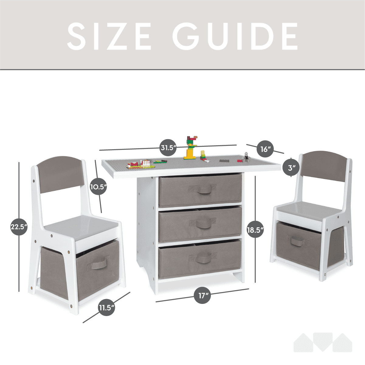 Milliard Kids 3-in-1 Play Table and Chair Set Wood with Storage Baskets, Compatible with Lego and Duplo Bricks, Activity Table Playset Furniture with Modern Gray Colors