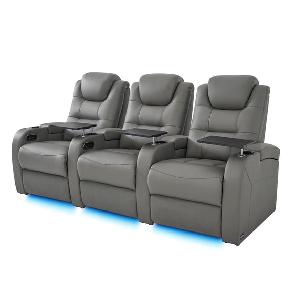 comfiroom Leather Home Theater Seating Seats, Simple Style Dual Power Electric Headrest Game Seats Leather Movie Theater Chairs Theater Recliner Sofa with Type-C USB Charger (Grey, Row of 3)